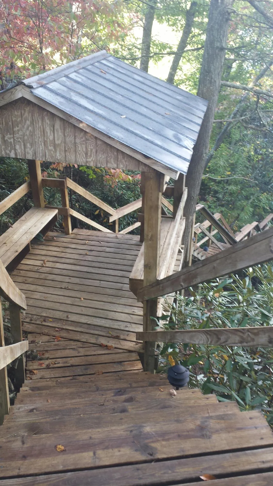 Metal roofed shelter over wooden steps on a wooded walkway — Skylight Repair & Installation work by our crew in Dornsife